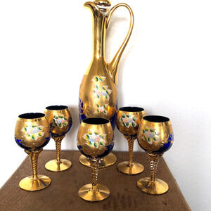 Murano Venetian Blue Glass Decanter 24Kt Gold Lf Hand Painted 5 Wine Glasses